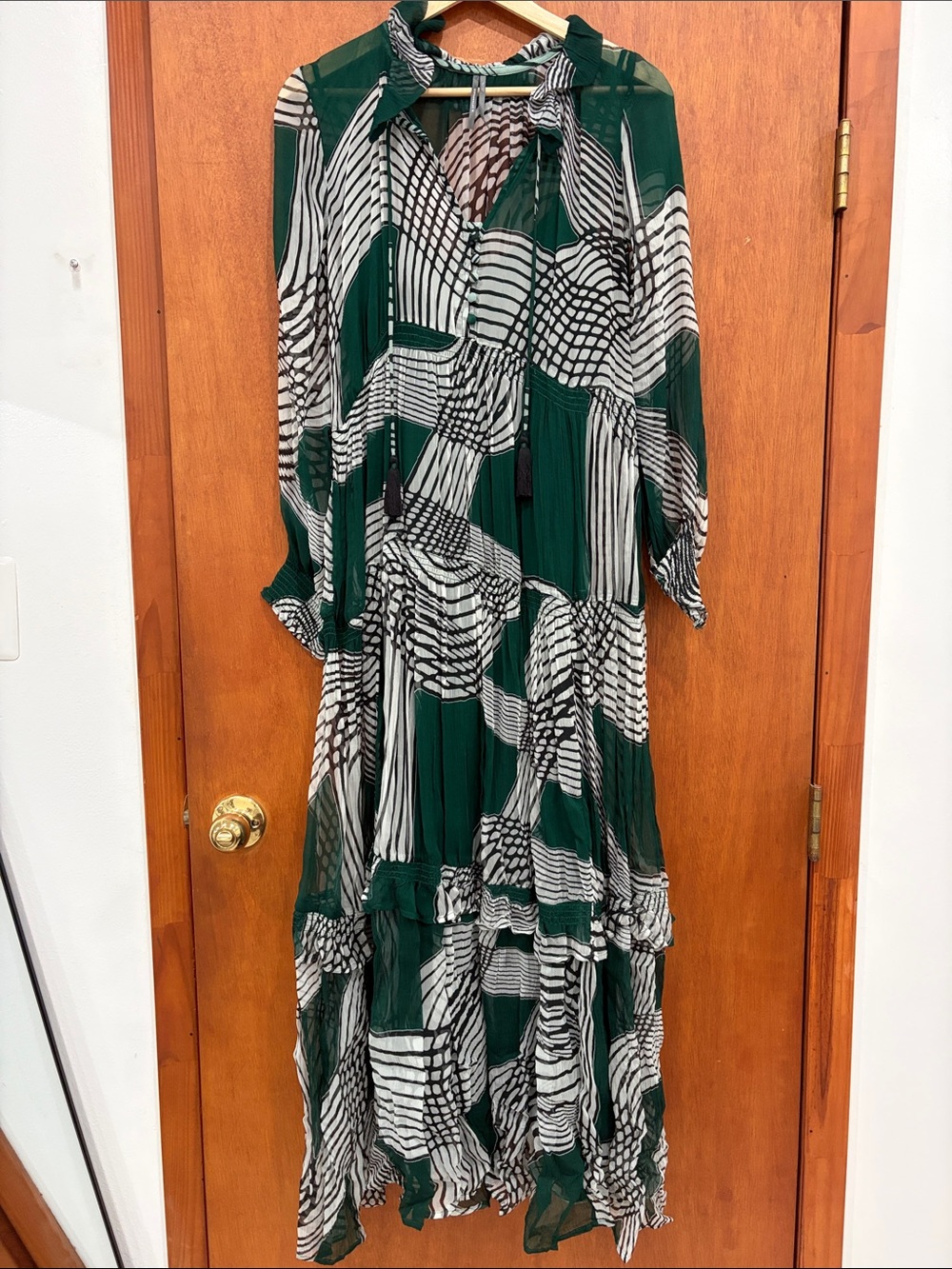 Anthropologie Green and White Printed Tiered Maxi Dress